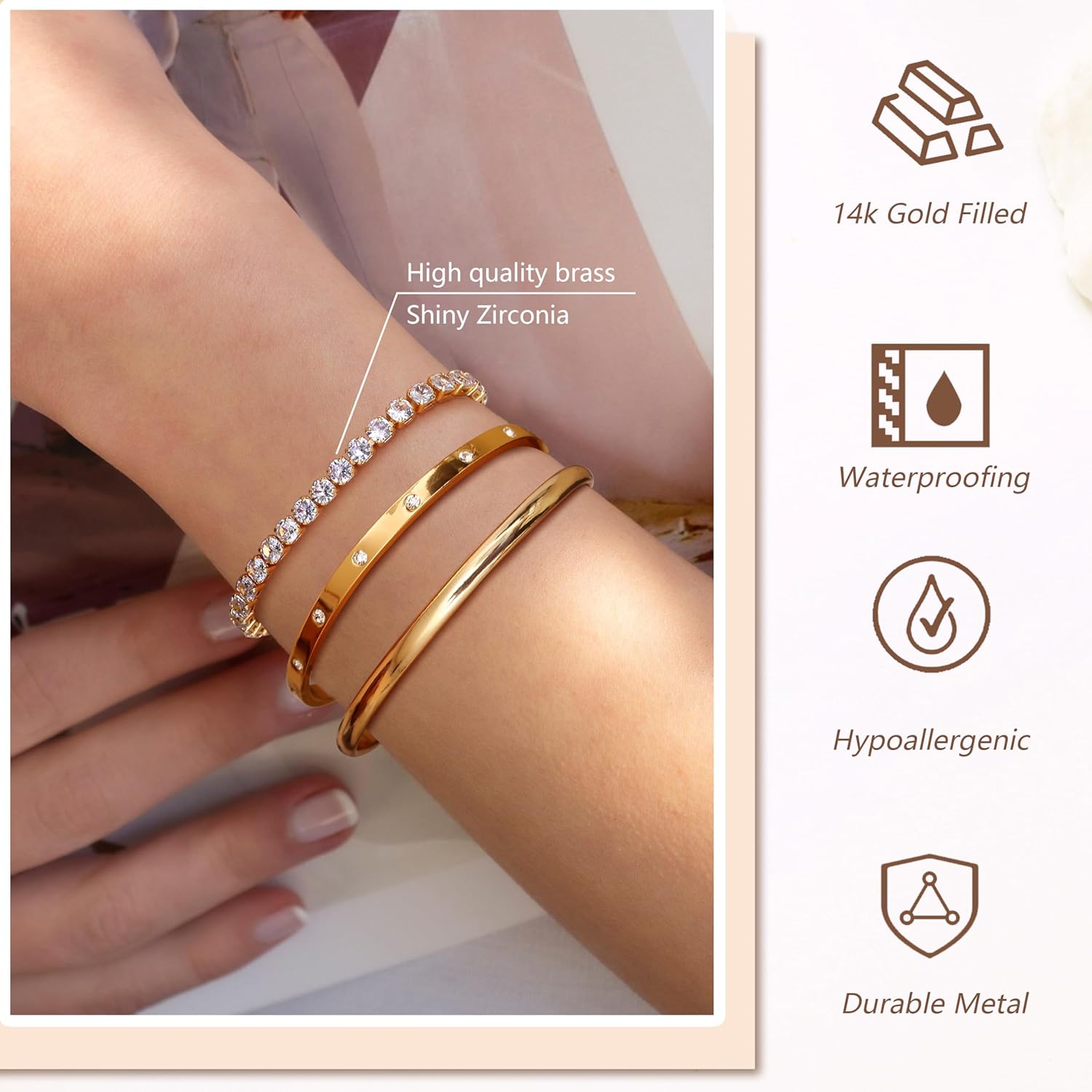 14K Gold Bracelets for Women Trendy Bangle Cuff Chain Bracelets Set Gold Plated Paperclip Bead Tennis Bracelet Chunky Gold Filled Bracelet Stack 3/4PCS - Image 2