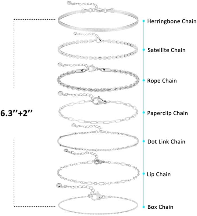 Silver Bracelets for Women Trendy Waterproof Silver Dainty Bracelet Stack Adjustable Layered Bracelet Set Minimalist Fashion Jewelry - Image 6